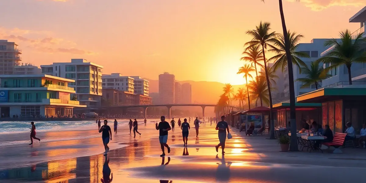 cityscape at dawn in a lively coastal town